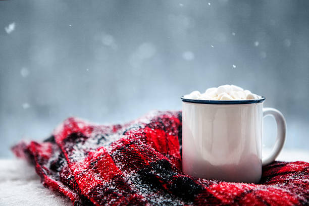 hot chocolate in winter hot chocolate and a blanket in the snow january photos stock pictures, royalty-free photos & images