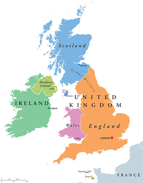 United Kingdom countries and Ireland political map United Kingdom countries and Ireland political map. England, Scotland, Wales, Northern Ireland, Guernsey, Jersey, Isle of Man and their capitals in different colors. Illustration on white background. channel islands england stock illustrations