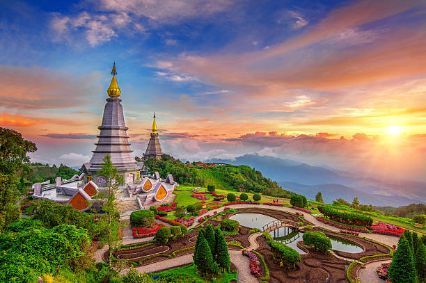 The best of landscape in Chiang mai. Inthanon mountain. The best of landscape in Chiang mai. Pagodas Noppamethanedol & Noppapol Phumsiri at sunset in Inthanon mountain, Thailand. buddha photos stock pictures, royalty-free photos & images