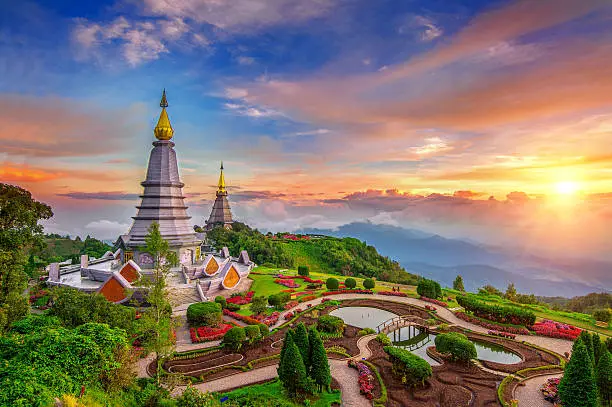 The best of landscape in Chiang mai. Pagodas Noppamethanedol & Noppapol Phumsiri at sunset in Inthanon mountain, Thailand.
