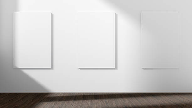 white empty room with empty three frame.3d rendering. - museum wall stockfoto's en -beelden