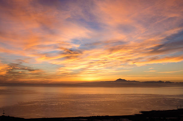 Sunrise in the sea for background. Sunrise in the sea for background. Silhouette of Teide peak, Tenerife, Canary islands, Spain. dusk stock pictures, royalty-free photos & images