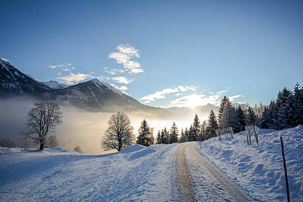 paesaggio invernale con strada ghiacciata vicino a salisburgo in austria, europa - snow mountain austria winter foto e immagini stock