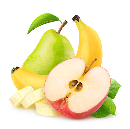 Isolated apple, banana and pear. Half of red apple, peeled sliced banana and green pear fruits (baby food ingredients) isolated on white background with clipping path