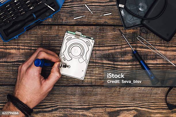 Hand With Screwdriver Disassemble Hdd Stock Photo - Download Image Now - Accuracy, Adult, Backup