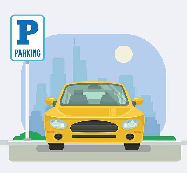 parkplatz mit einem auto. vektor flache cartoon-illustration - parking lot parking sign sign letter p stock-grafiken, -clipart, -cartoons und -symbole