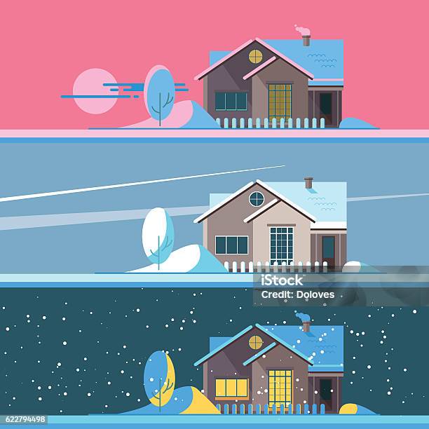 Merry Christmas Set Vector Illustration Stock Illustration - Download Image Now - House, Night, Architecture