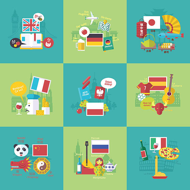 ilustrações de stock, clip art, desenhos animados e ícones de foreign languages learning icons. vector flat cartoon illustrations set. - spanish culture audio