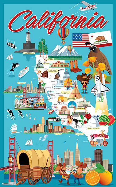 illustrations, cliparts, dessins animés et icônes de carte de dessin animé de californie - golden gate bridge illustrations