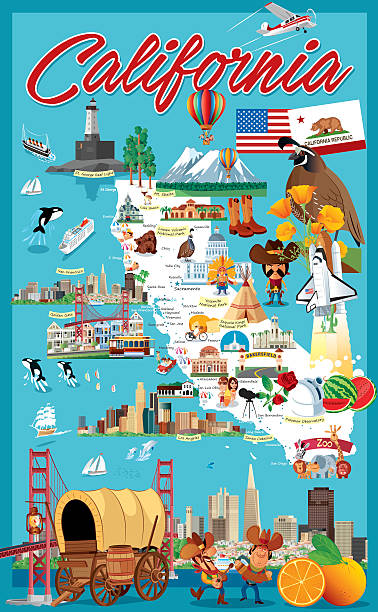 illustrazioni stock, clip art, cartoni animati e icone di tendenza di fumetto mappa della california - golden gate bridge illustrations