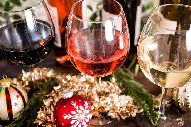 istock Various wines in glasses on dining table at Christmas. 622798068