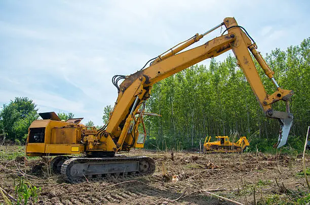 Mechanical Site Preparation for Forestry. Excavator and bulldozer clearing forest land.
