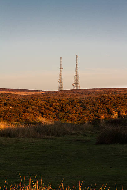 In Blorenge Hill, last light of day, and radio masts. Abergavenny, Wakes, United Kingdom.