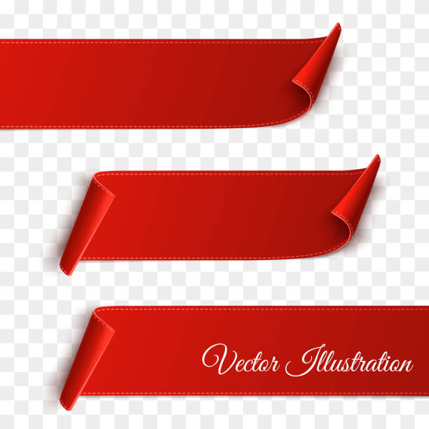 투명하게 분리된 빨간색 곡선 종이 빈 배너 세트 - banner placard set ribbon stock illustrations