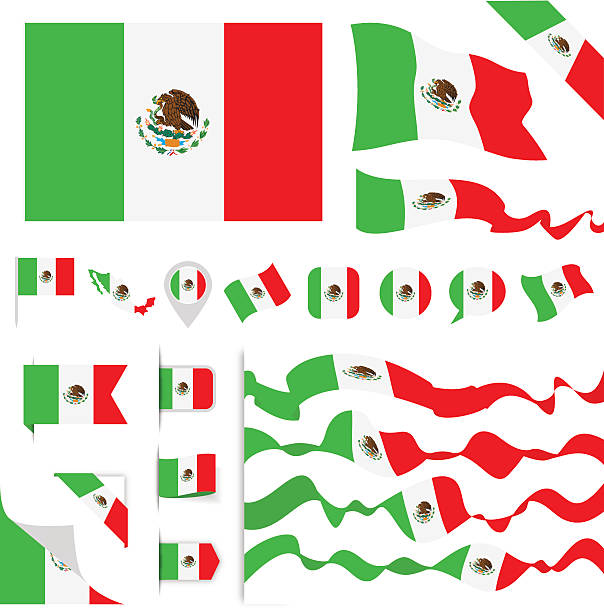 ilustraciones, imágenes clip art, dibujos animados e iconos de stock de conjunto de banderas de méxico - bandera mexicana