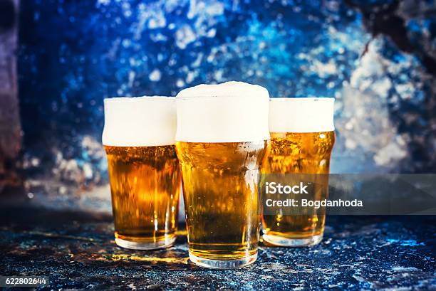 Glasses Of Lager Beer Light Beers Served Cold At Pub Stock Photo - Download Image Now