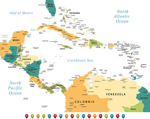 Map of Central America High detailed Map of Central America with national borders, countries and navigational icons grenada caribbean map stock illustrations