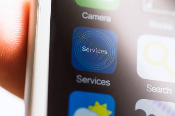istock Hand holding phone, services app on phone screen 622803292