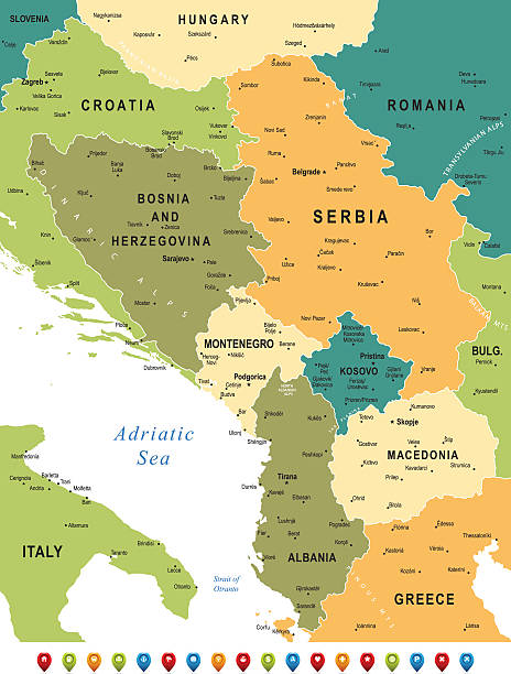 Map of Central Balkan Region High detailed map of Central Balkan Region with national borders and navigation icons serbia and montenegro stock illustrations