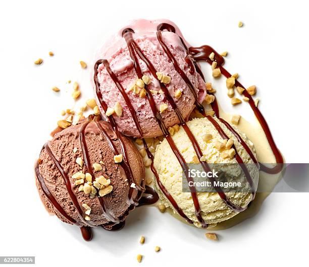 Various Ice Cream Balls With Chocolate Sauce Stock Photo - Download Image Now - Ice Cream, Ice Cream Sundae, White Background