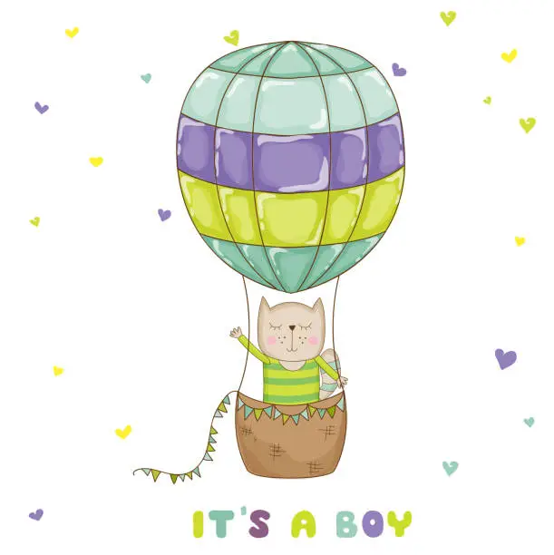 Vector illustration of Baby Cat with a Balloon - Baby Shower Card