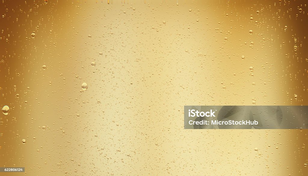 Golden Colored Sparkling Champagne Bubbles High quality 3D render of golden colored sparkling champagne bubbles. Champagne bubles are moving on a golden background. Horizontal composition with copy space. Luxury concept. Great use as a background for christmas, wedding and celebration related concepts. Carbonated Stock Photo