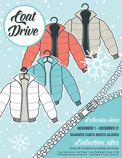 illustrazioni stock, clip art, cartoni animati e icone di tendenza di cappotto invernale drive beneficenza poster modello. - casacca