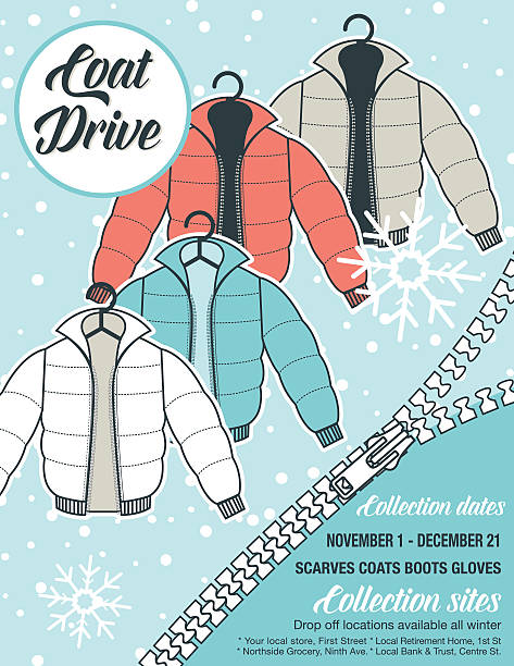 Winter Coat Drive Charity Poster template. Winter Coat Drive Charity Tag template. A colorful assortment of coats in shades of blue and faded red. Clothing collection or charity drive. coat stock illustrations