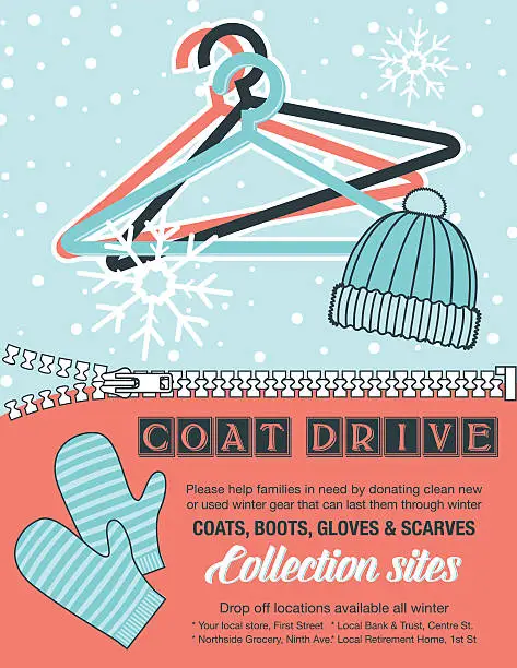 Vector illustration of Winter Coat Drive Charity Poster template.