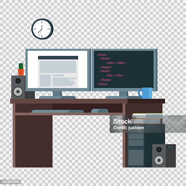 Frontend Developer Workspace Flat Design Office Interior Stock ...