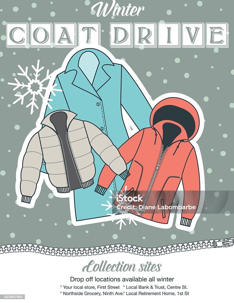 Winter Coat Drive Charity Poster template. Winter Coat Drive Charity Tag template. A colorful assortment of coats in shades of blue and faded red. Clothing collection or charity drive. Charitable Donation stock vector