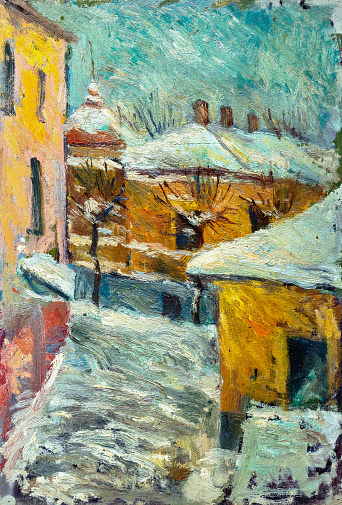 Beautiful bright colors  winter Original Oil Painting of street  On Canvas