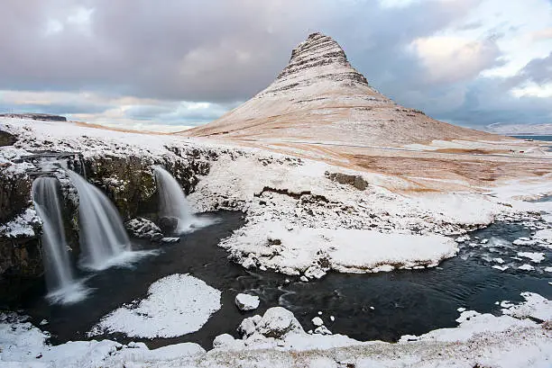in the north of Iceland, an image of Mount Kirkjufell under a light winter snowfall