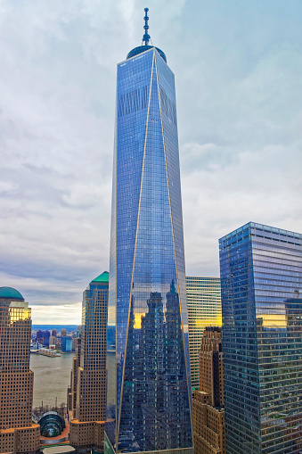 Aerial view on One World Trade Center and Financial District Skyscrapers in Lower Manhattan, New York City, USA. It is One WTC in short, or Freedom Tower