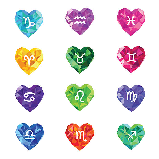Set of crystal jewel heart shaped astrological zodiac signs symbols. Set of crystal jewel heart shaped astrological zodiac signs symbols. Love horoscope signs polygonal icons.Zodiac Colorful love Horoscope.Heart vector Icons with zodiac signs.Set of astrological signs. cosmos of the stars of the constellation capricorn and gems stock illustrations