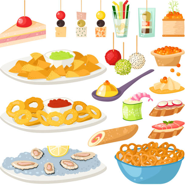 ilustrações, clipart, desenhos animados e ícones de conjunto de vetores de aperitivo de lanches canape. - canape appetizer gourmet salmon