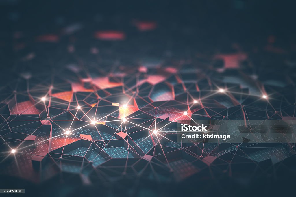 Artificial Intelligence / Neural Network Artificial intelligence, connections and nucleus in concept of interconnected neurons. Abstract background with binary numbers, neural network and cloud computing. Abstract Stock Photo