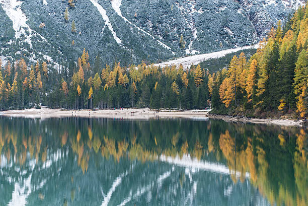 transmisja jesień-zima w lago di braies, włochy - wanderurlaub zdjęcia i obrazy z banku zdjęć