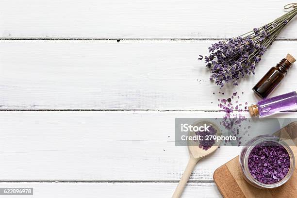 Lavender Bath Salt On Wooden Table Top View Stock Photo - Download Image Now - Aromatherapy, Aromatherapy Oil, Beauty Product