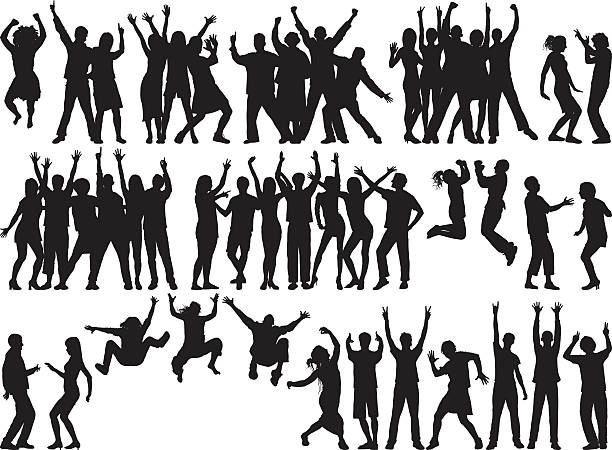 illustrazioni stock, clip art, cartoni animati e icone di tendenza di gruppi felici (le persone sono separate, complete, spostabili e dettagliate) - cheering group of people silhouette fan