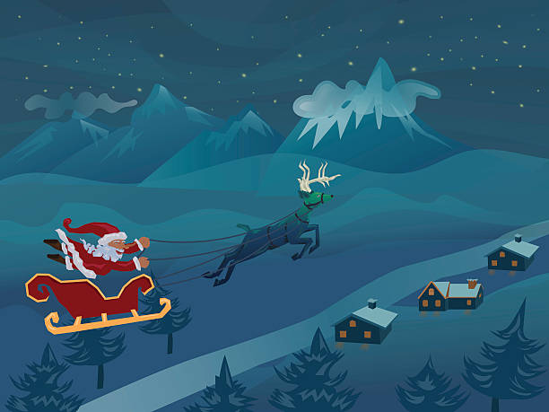 istock Santa with sleigh flying with deer in the winter night 622902642