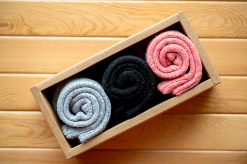 colorful woolen woven socks in paper box