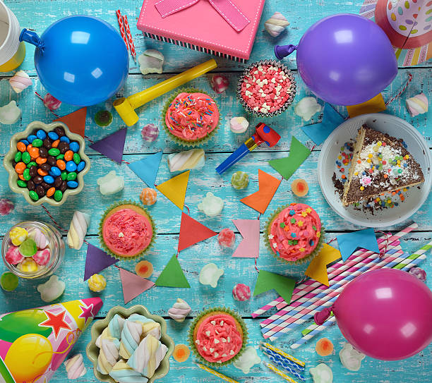 Birthday cake and various accessories