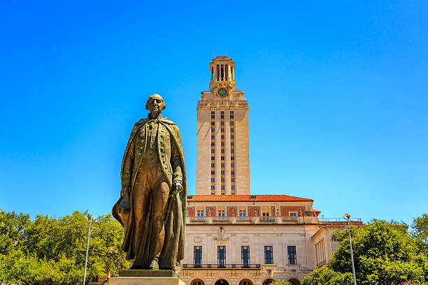 Main Building in UT Austin Austin, Texas, United States - June 6, 2016: The Main Building (known colloquially as The Tower) is a structure at the center of the University of Texas at Austin campus in Downtown Austin, Texas, United States. bronze statue stock pictures, royalty-free photos & images