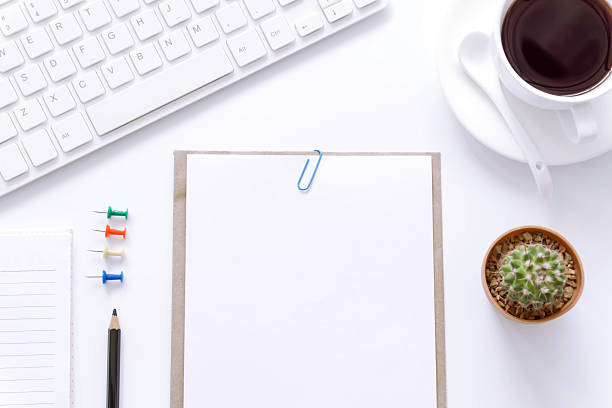 istock Office desk table with computer, supplies and coffee cup. 622910218