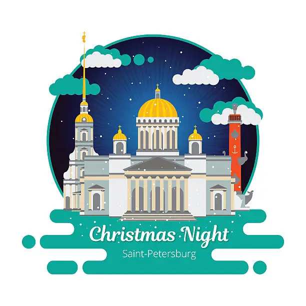 Vector illustration of Christmas night in Saint-Petersburg. Flat cityscape. Vector illu