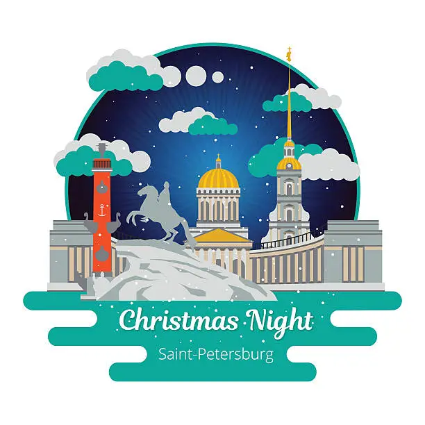 Vector illustration of Christmas night in Saint-Petersburg. Flat cityscape. Vector illu