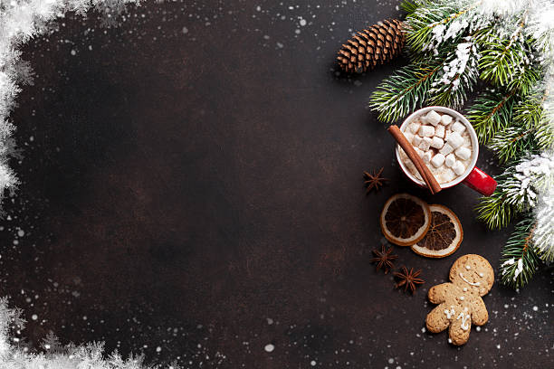 Christmas background with hot chocolate and marshmallow