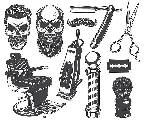 ilustraciones, imágenes clip art, dibujos animados e iconos de stock de conjunto de herramientas y elementos de barbero monocromo vintage. - barbero peluquero