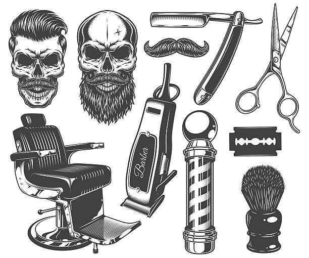 ilustrações de stock, clip art, desenhos animados e ícones de set of vintage monochrome barber tools and elements. - human hair retro revival old fashioned beauty